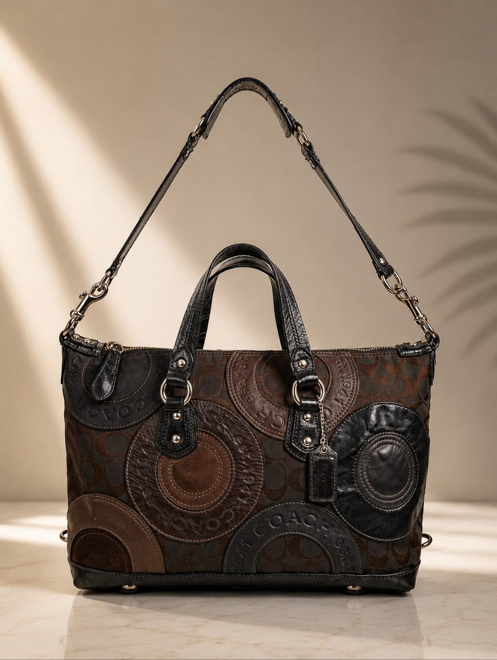 Coach Ashley Signature Patchwork Satchel Brown Black Leather Canvas Shoulder Bag - Picture 1 of 6